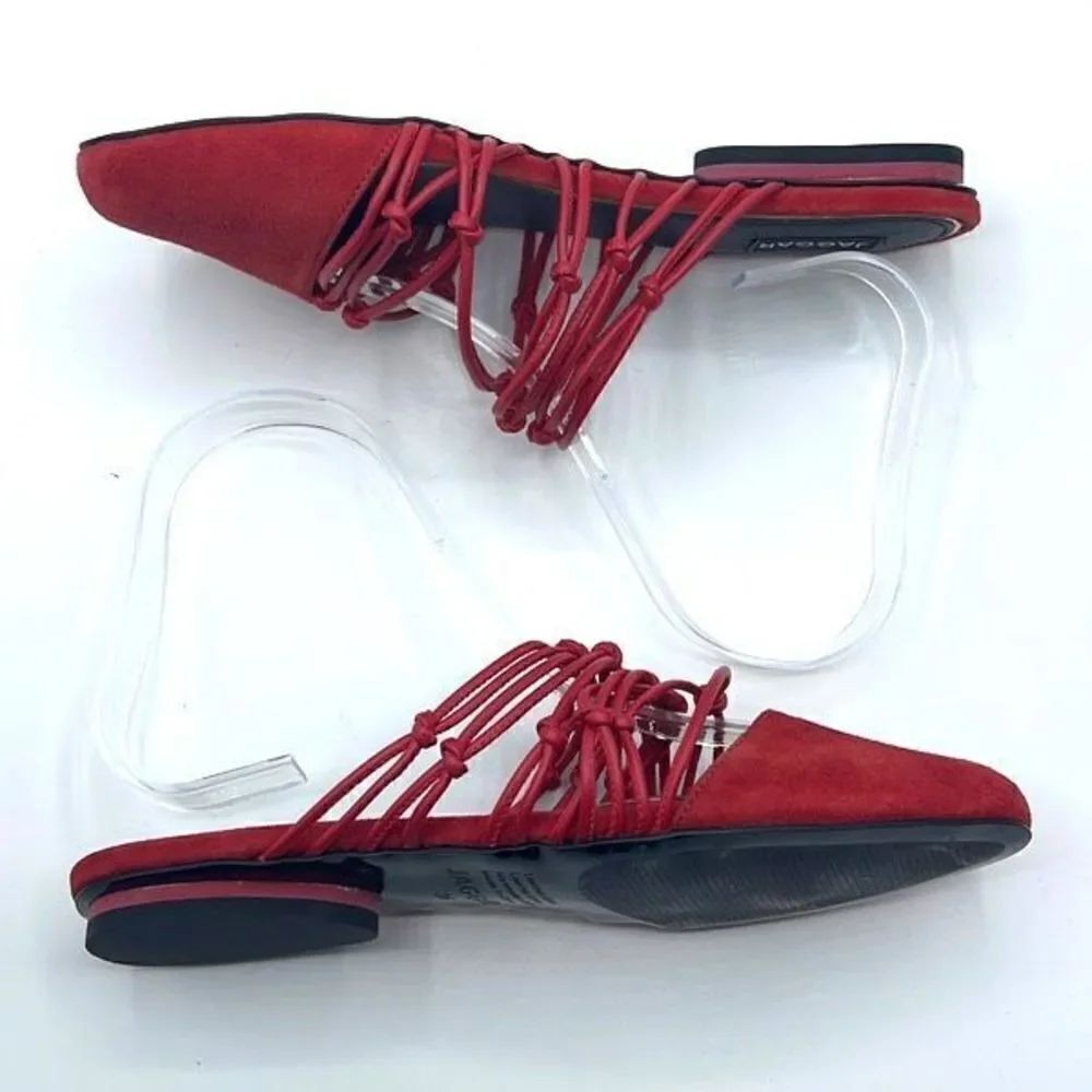Jaggar Women's Suede Mules Flats Slip On Shoes Strappy Knotted Red Size 36